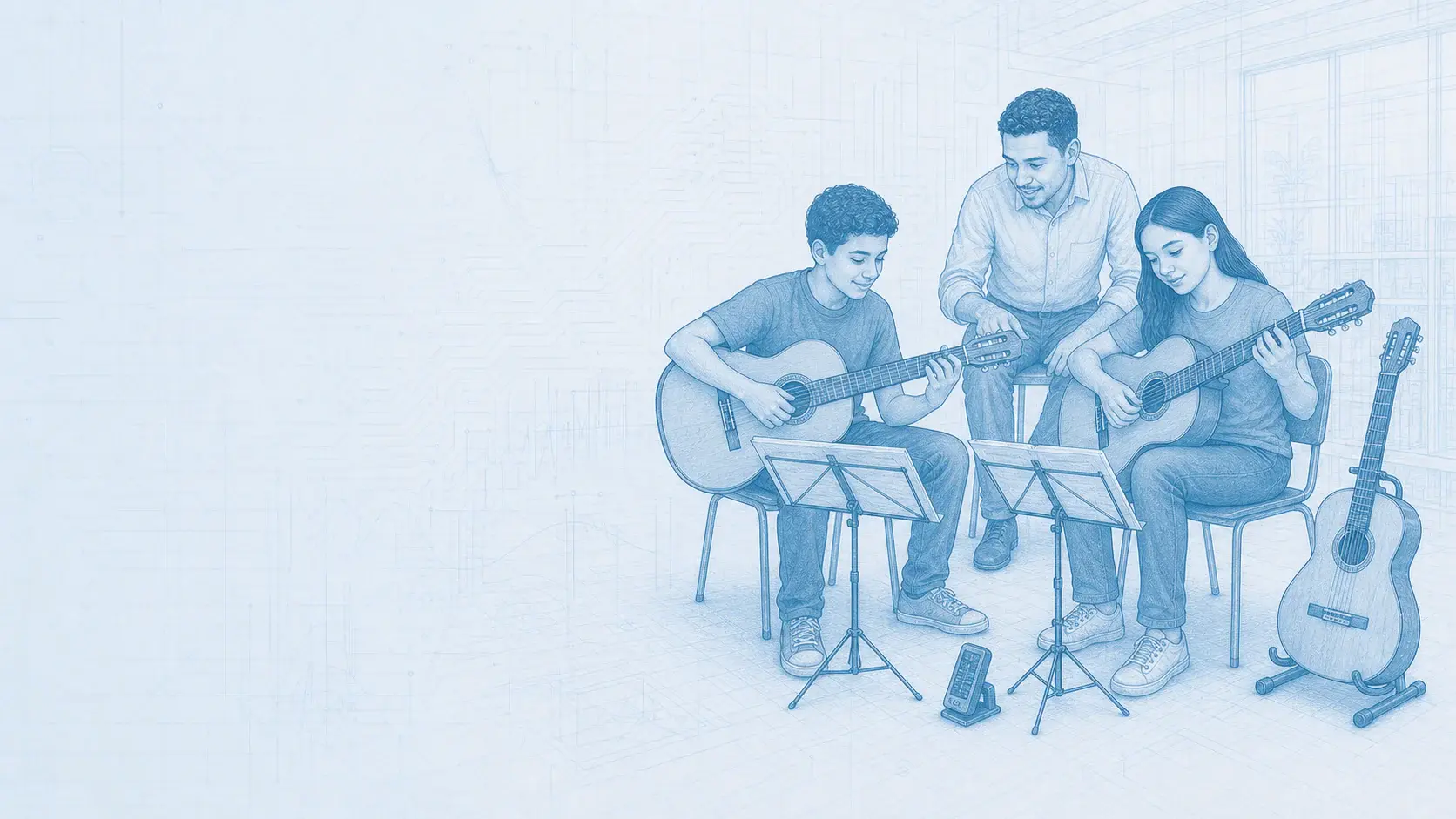 Estudiantes practican guitarra clásica y eléctrica en un ensamble