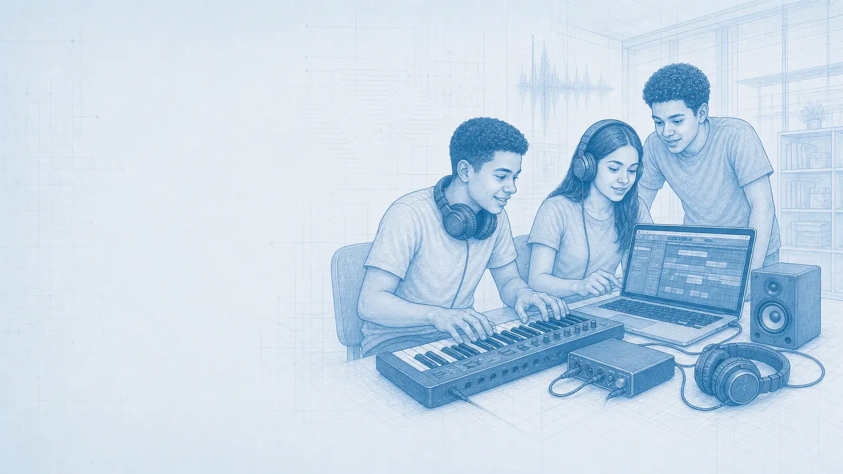 Estudiantes producen y mezclan una composición en una estación de audio digital