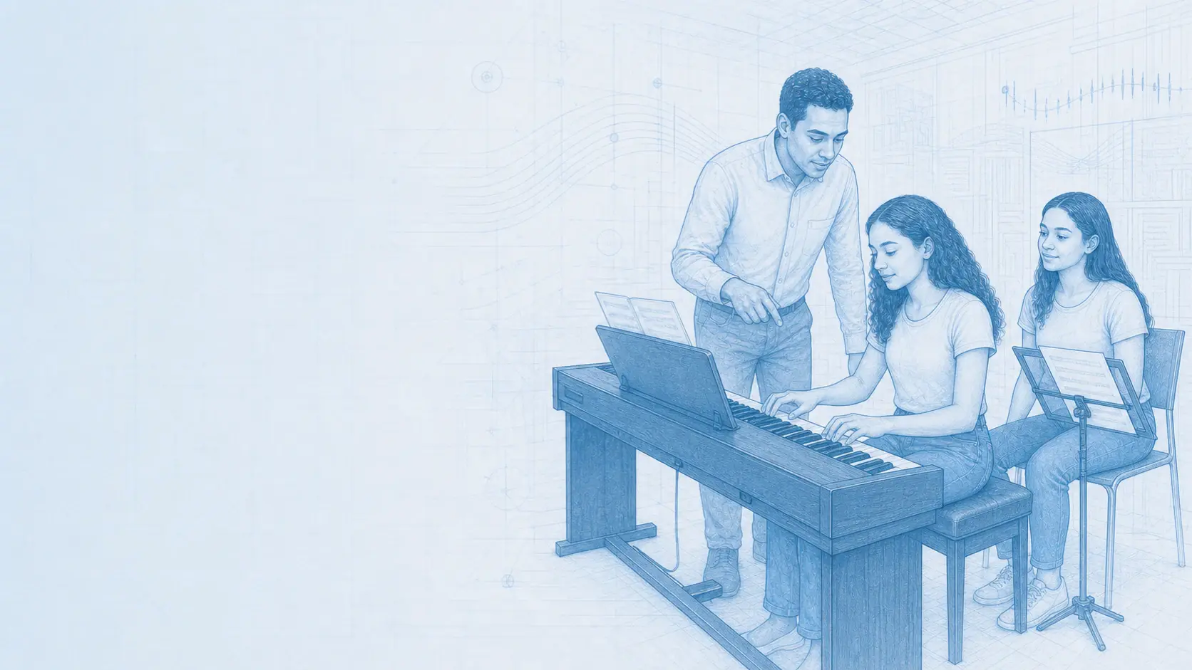 Una estudiante practica piano con acompañamiento docente y lectura musical