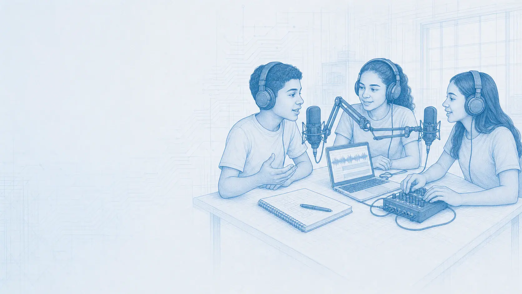 Estudiantes graban un podcast con micrófonos, guion y consola de audio