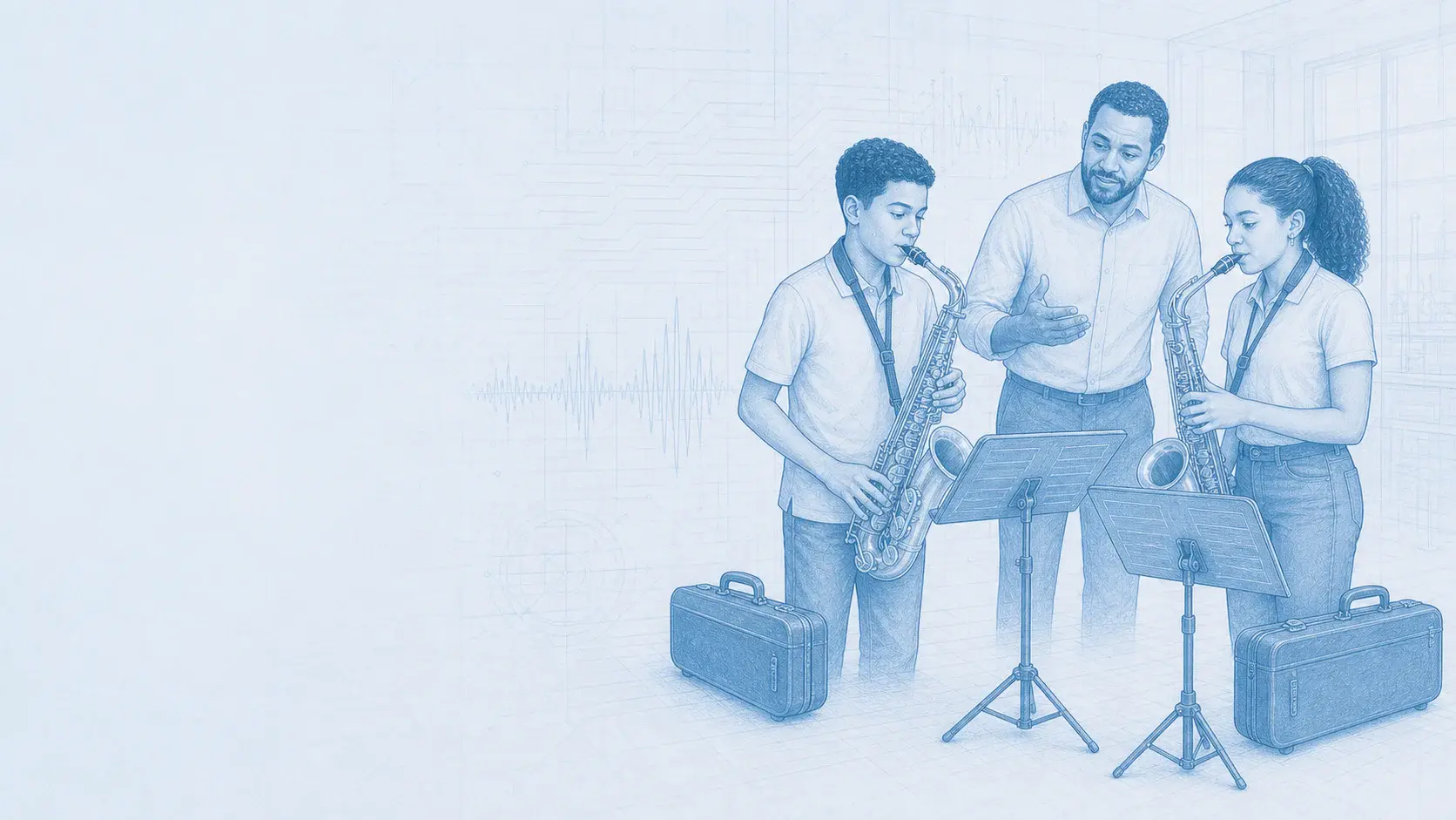 Un estudiante practica saxofón con acompañamiento y lectura musical