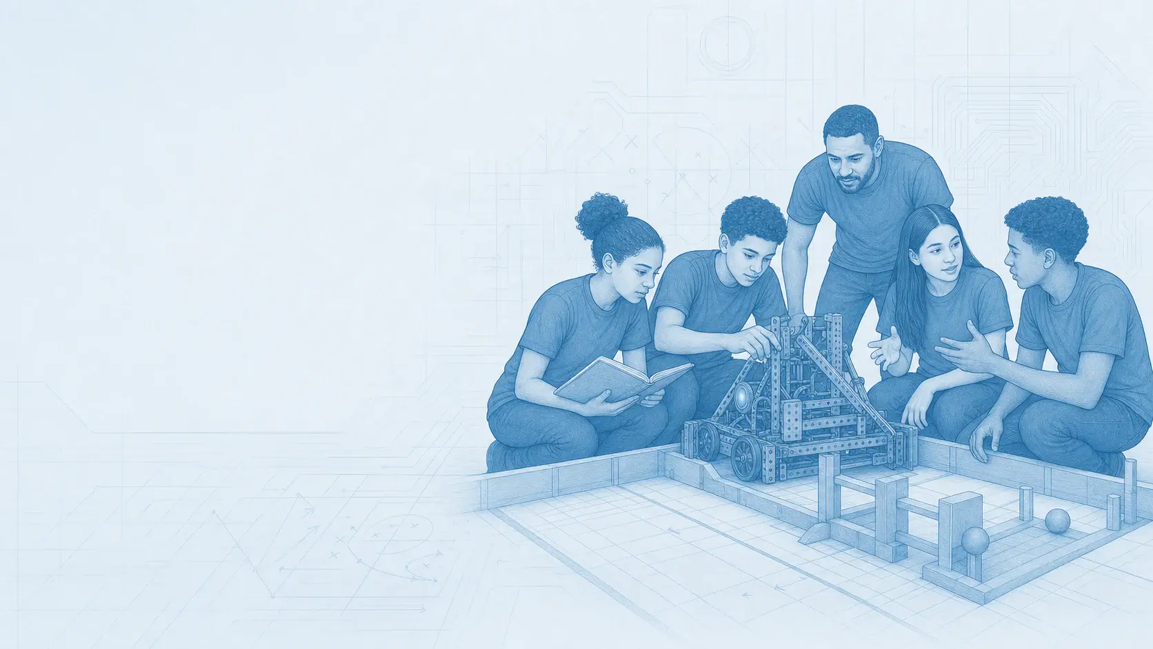 Equipo estudiantil y coach preparan un robot junto al campo de competencia