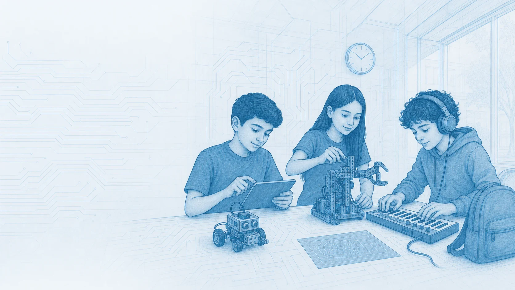Estudiantes desarrollan un proyecto de robótica, inteligencia artificial y creación digital en un laboratorio VST.