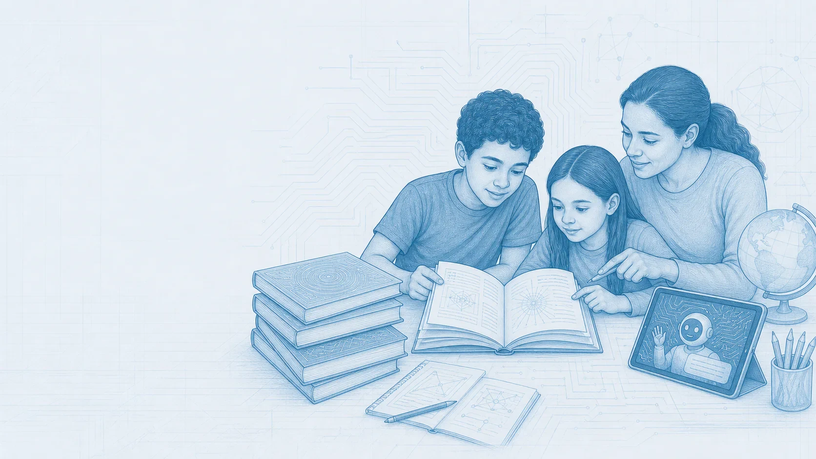 Estudiantes exploran libros y contenidos educativos digitales en una escena técnica azul creada para VST.