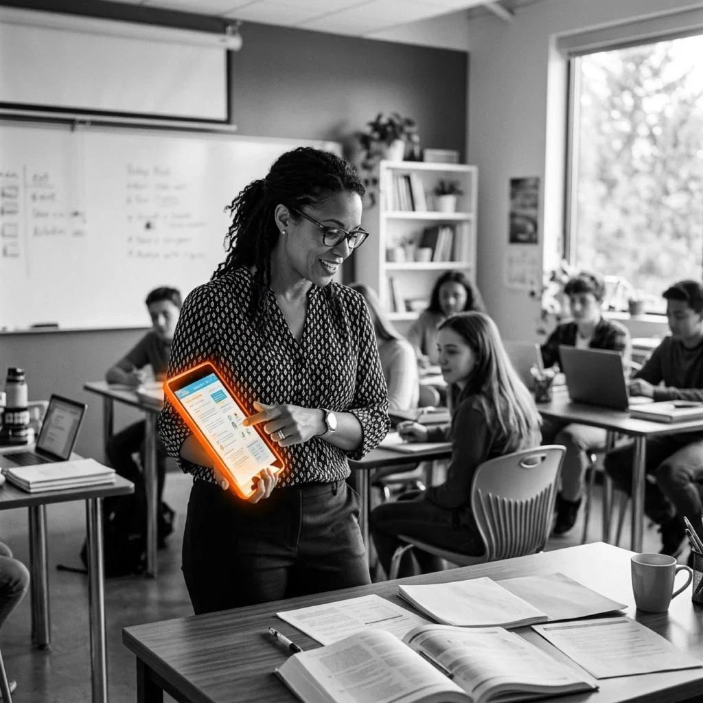 Docente presenta la plataforma educativa GeistVerlag en un aula.
