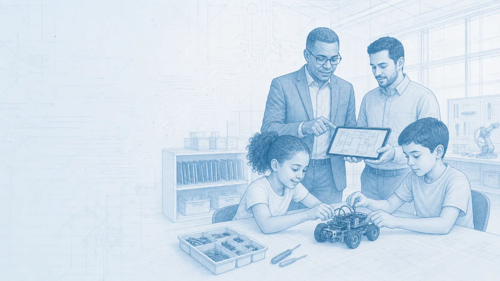 Equipo directivo y docente planifica una implementación tecnológica mientras estudiantes trabajan con un robot educativo