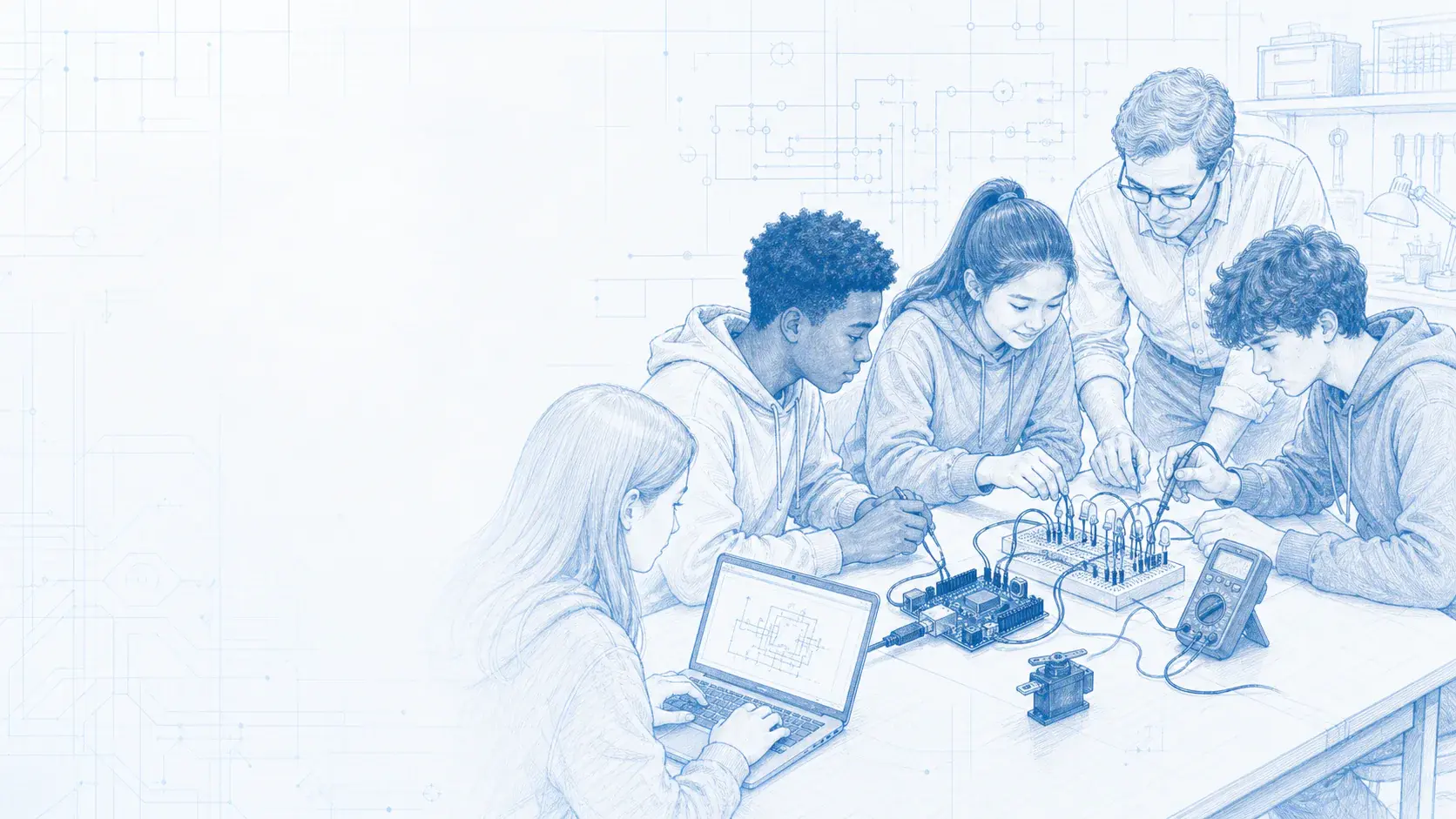Estudiantes construyen y verifican un circuito con microcontrolador, sensores y multímetro